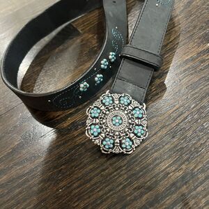 BRIGHTON Brown Leather Belt Women’s 34 L Silver Buckle‎ Turquoise Enamel Flowers